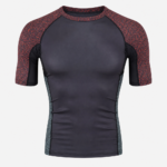 Custom short sleeve rash guard with red sublimated sleeves produced by OEM private label manufacturer