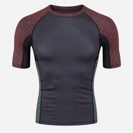 Custom short sleeve rash guard with red sublimated sleeves produced by OEM private label manufacturer