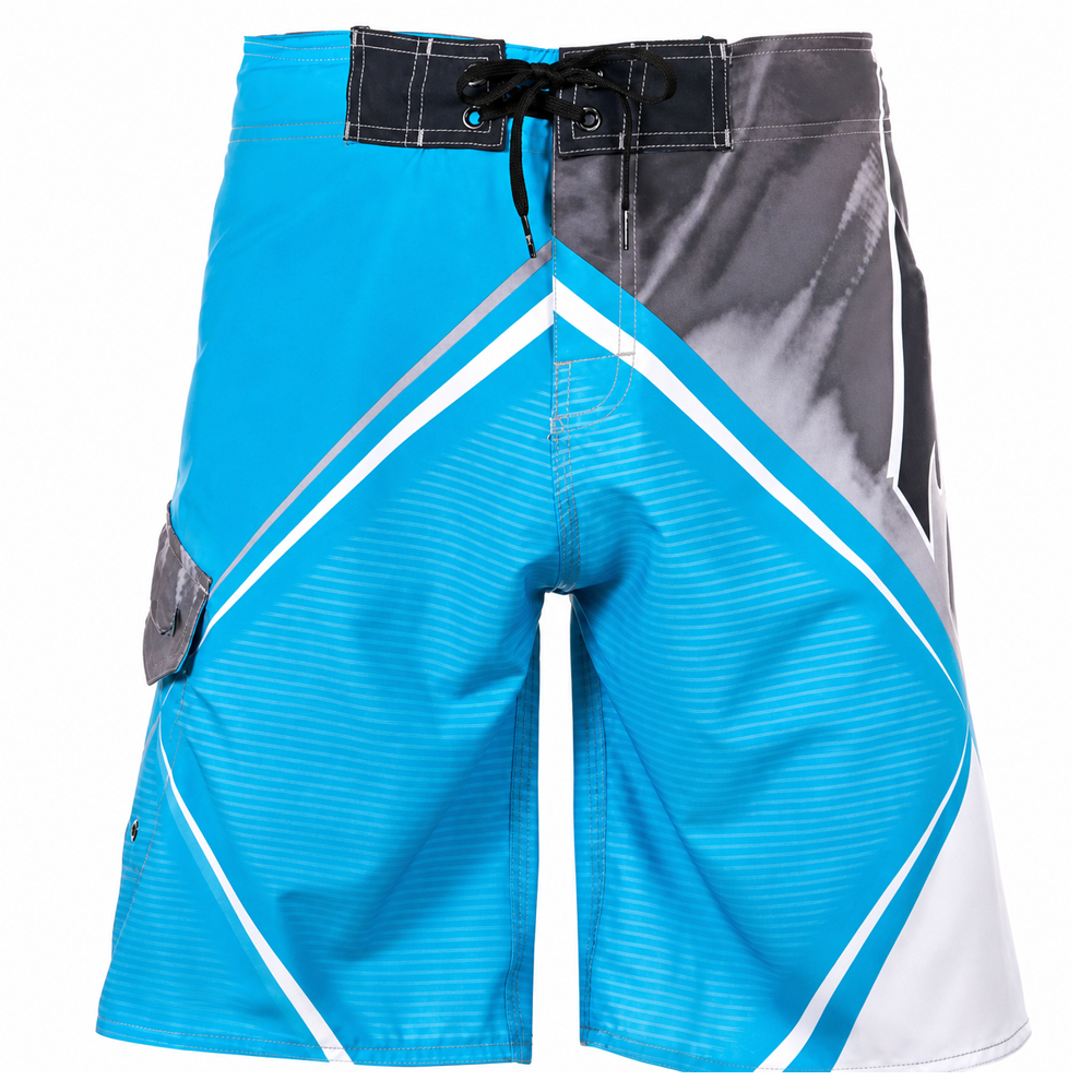 custom-sublimated-mma-shorts-blue-grey-fightwear.jpg Custom sublimated mma shorts in cyan blue and black with geometric white stripes and lace up closure