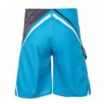 Custom sublimated mma shorts in cyan blue and black with geometric white stripes and lace up closure