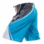Custom sublimated mma shorts in cyan blue and black with geometric white stripes and lace up closure