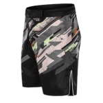 Custom sublimation mma shorts in black and grey with distressed geometric graphics for boxing and grappling