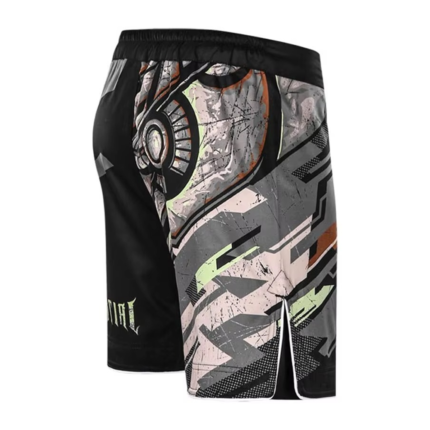 Custom sublimation mma shorts in black and grey with distressed geometric graphics for boxing and grappling