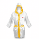 custom white and gold boxing robe with attached hood by Dravon Industries