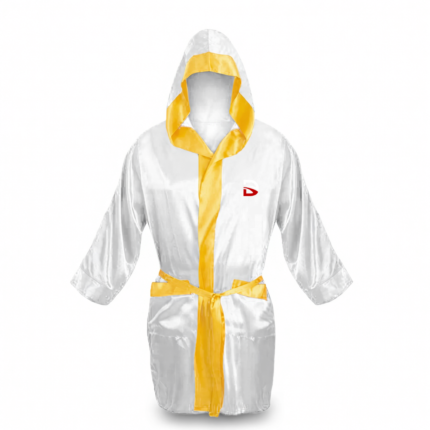 custom white and gold boxing robe with attached hood by Dravon Industries