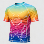 Gradient Short Sleeve Rash Guard with multi-color rainbow marble pattern and underarm mesh panels for private label activewear manufacturing