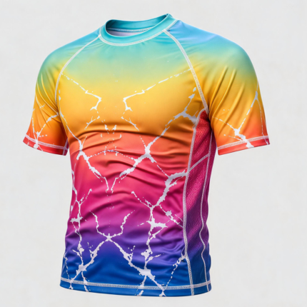 Gradient Short Sleeve Rash Guard with multi-color rainbow marble pattern and underarm mesh panels for private label activewear manufacturing