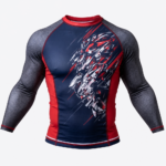Graphic Long Sleeve Rash Guard in red navy with abstract lion sublimation print for private label fightwear manufacturing