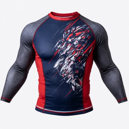 Graphic Long Sleeve Rash Guard in red navy with abstract lion sublimation print for private label fightwear manufacturing