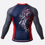 Graphic Long Sleeve Rash Guard in red navy with abstract lion sublimation print for private label fightwear manufacturing