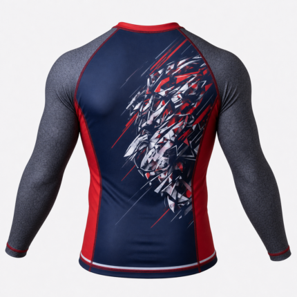 Graphic Long Sleeve Rash Guard in red navy with abstract lion sublimation print for private label fightwear manufacturing