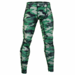 Green camo compression pants with sublimated camouflage print and flatlock stitching