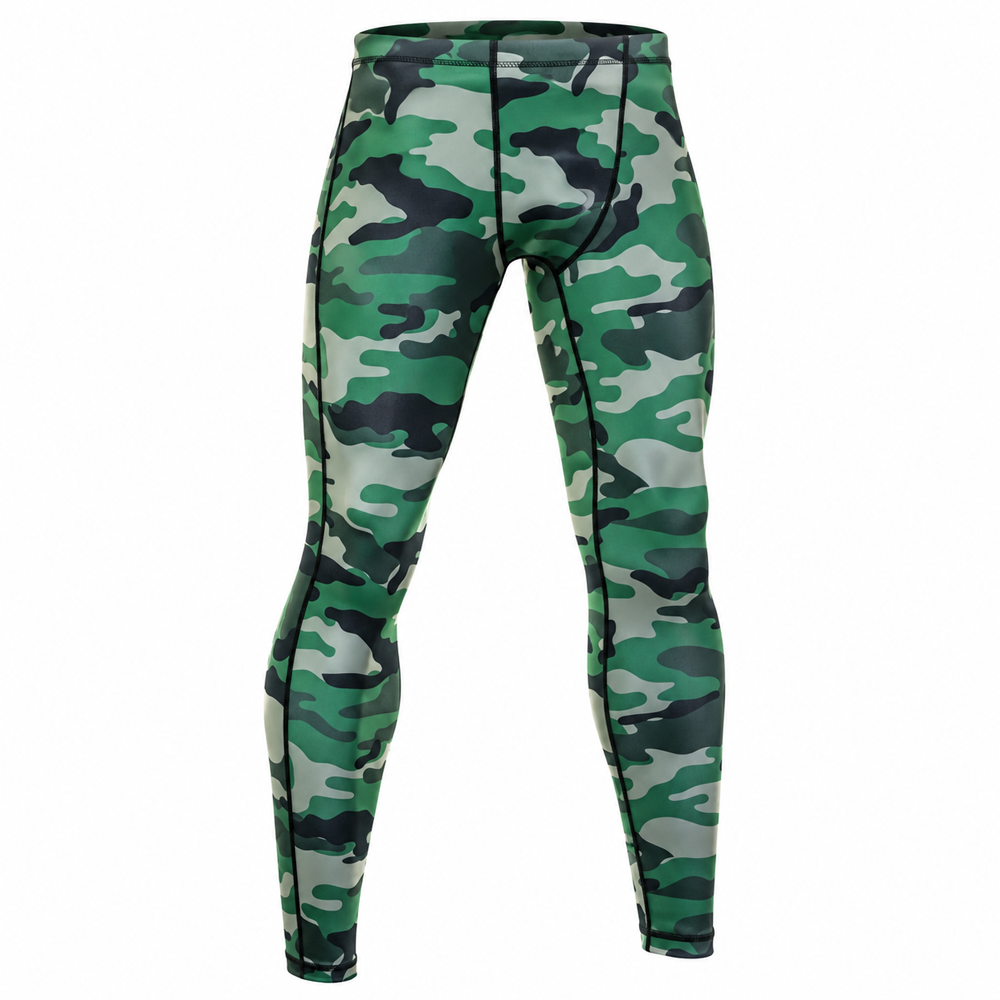 green-camo-compression-pants-custom-sublimated-spats.jpg Green camo compression pants with sublimated camouflage print and flatlock stitching