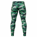 Green camo compression pants with sublimated camouflage print and flatlock stitching