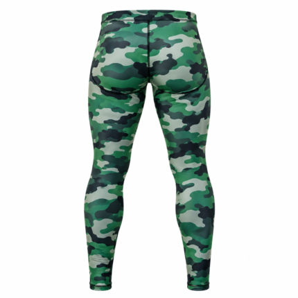 Green camo compression pants with sublimated camouflage print and flatlock stitching