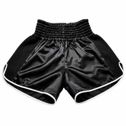 Black mesh panel muay thai shorts in custom satin with white piping and elastic waistband