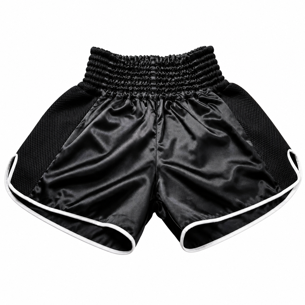 mesh-panel-muay-thai-shorts-black-satin.jpg Black mesh panel muay thai shorts in custom satin with white piping and elastic waistband