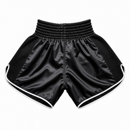 Black mesh panel muay thai shorts in custom satin with white piping and elastic waistband