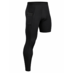 Solid black one leg compression pants with side thigh phone pocket for basketball and MMA