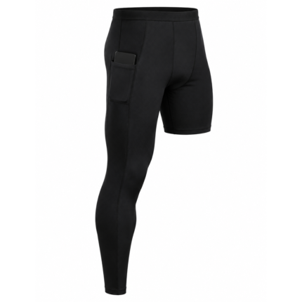 Solid black one leg compression pants with side thigh phone pocket for basketball and MMA