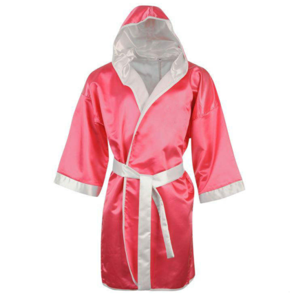 custom pink boxing robe for women with hood and white satin trim by Dravon Industries