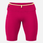 Dark pink compression shorts with yellow waist accent trim and 360 waistband storage pockets