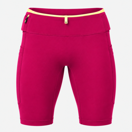 Dark pink compression shorts with yellow waist accent trim and 360 waistband storage pockets