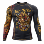 Samurai Long Sleeve Rash Guard in black and gold with Japanese oni mask tiger artwork for private label bjj fightwear manufacturing