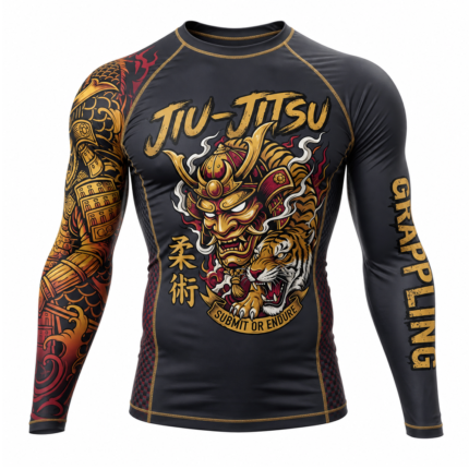 Samurai Long Sleeve Rash Guard in black and gold with Japanese oni mask tiger artwork for private label bjj fightwear manufacturing