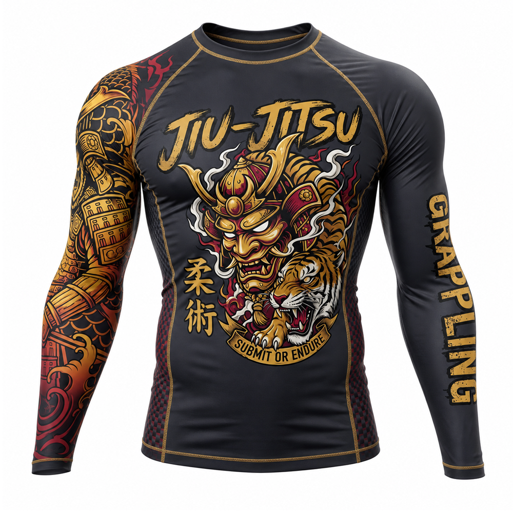 samurai-long-sleeve-rash-guard-bjj-manufacturing.jpg Samurai Long Sleeve Rash Guard in black and gold with Japanese oni mask tiger artwork for private label bjj fightwear manufacturing