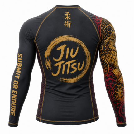 Samurai Long Sleeve Rash Guard in black and gold with Japanese oni mask tiger artwork for private label bjj fightwear manufacturing