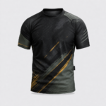 Short Sleeve Mesh Rash Guard in black distressed pattern with gold accent stripes for no-gi BJJ and MMA private label manufacturing