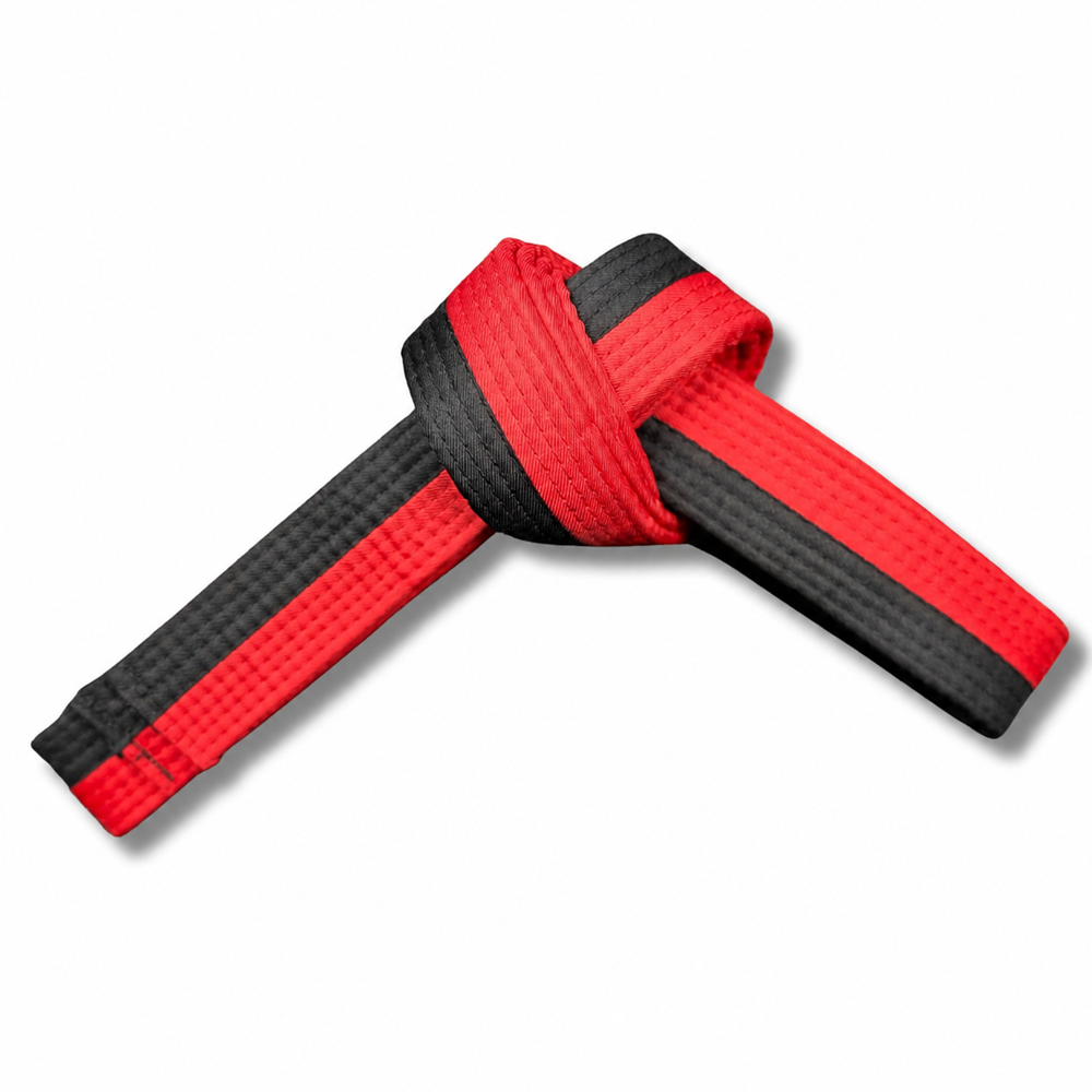 two-tone-martial-arts-belt-dravon-industries.jpg classic two tone martial arts belt red and black by Dravon Industries