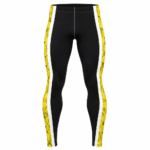 Yellow and black custom sublimated spats with white side stripes for BJJ and MMA training
