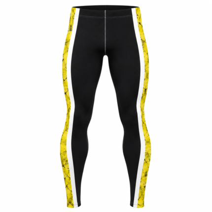 Yellow and black custom sublimated spats with white side stripes for BJJ and MMA training
