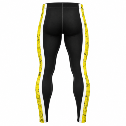 Yellow and black custom sublimated spats with white side stripes for BJJ and MMA training